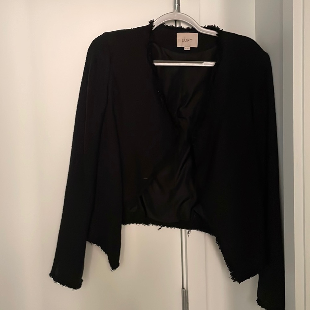 Black blazer, versatile, with fringe trim!